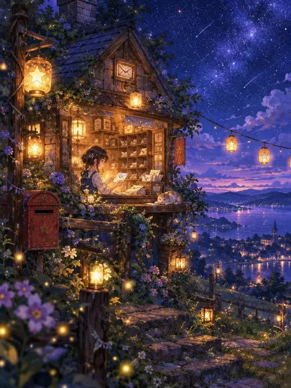 《星海邮局》动漫海报，星空中的手绘邮局